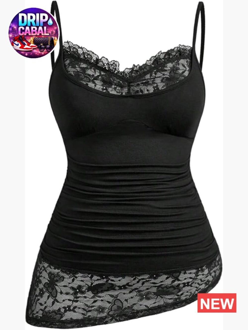 Plus Size Lace Camisole Top Y2k Spaghetti Strap Ruched Asymmetrical Slim Fit